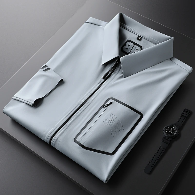 轻奢春秋季薄款休闲商务衬衫长袖男士修身纯色夹克口袋拉链上衣男