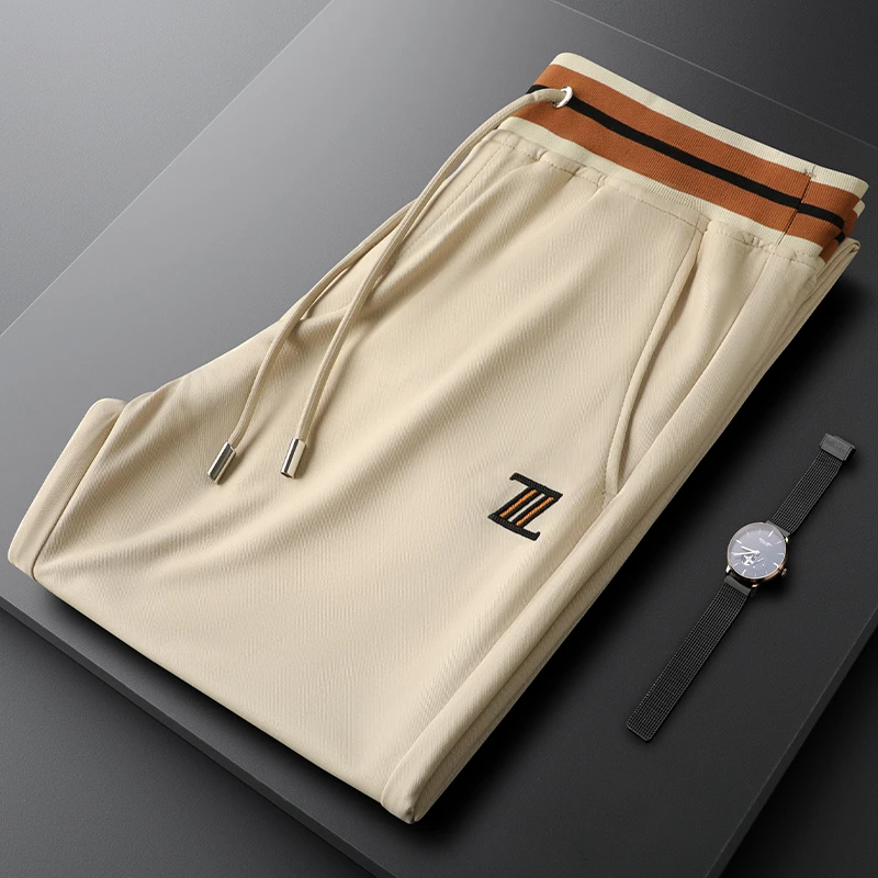 轻奢夏季薄款休闲裤男士修身束脚时尚透气松紧腰欧货潮流刺绣裤子