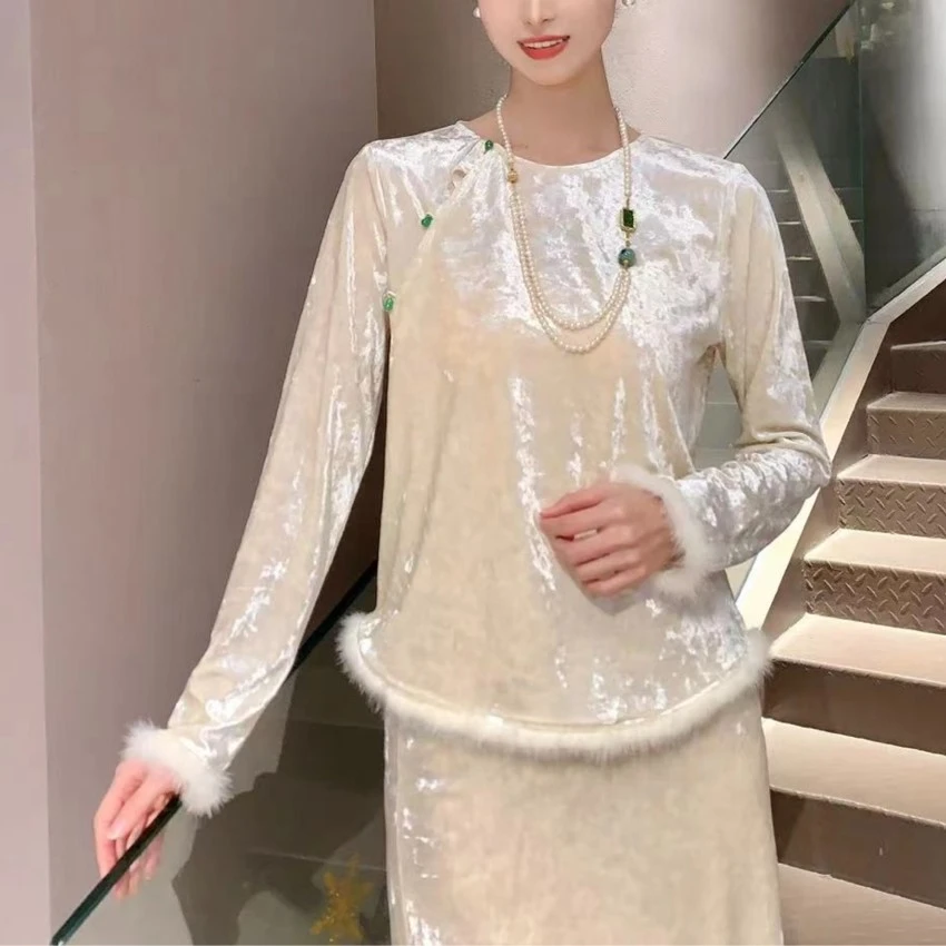 《照照定制》《丝韵》时尚国风砖石立绒圆领盘扣拼水貂绒百搭衬衣6745