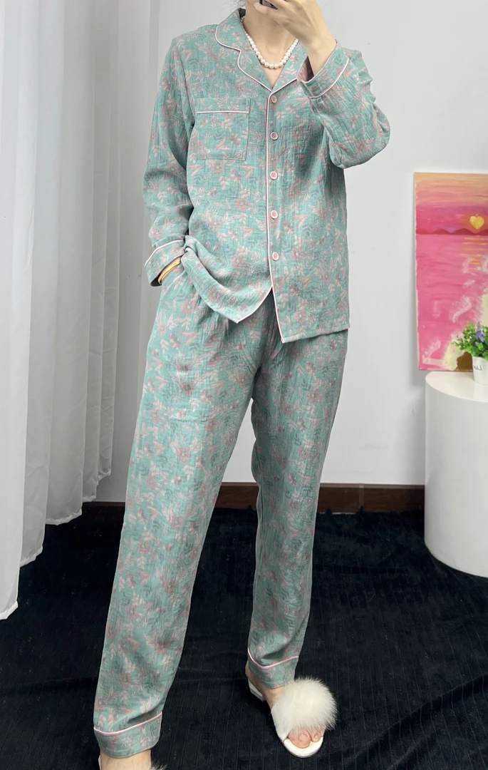 女士100%棉大提花双层纱舒适裤兜版四季睡衣家居服保暖套装21201