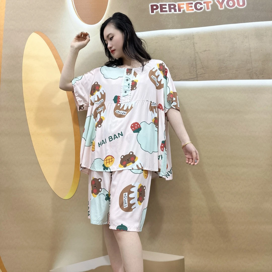 女士大码棉绸简约套头夏季清凉舒适宽松捏褶短袖家居服套装172098