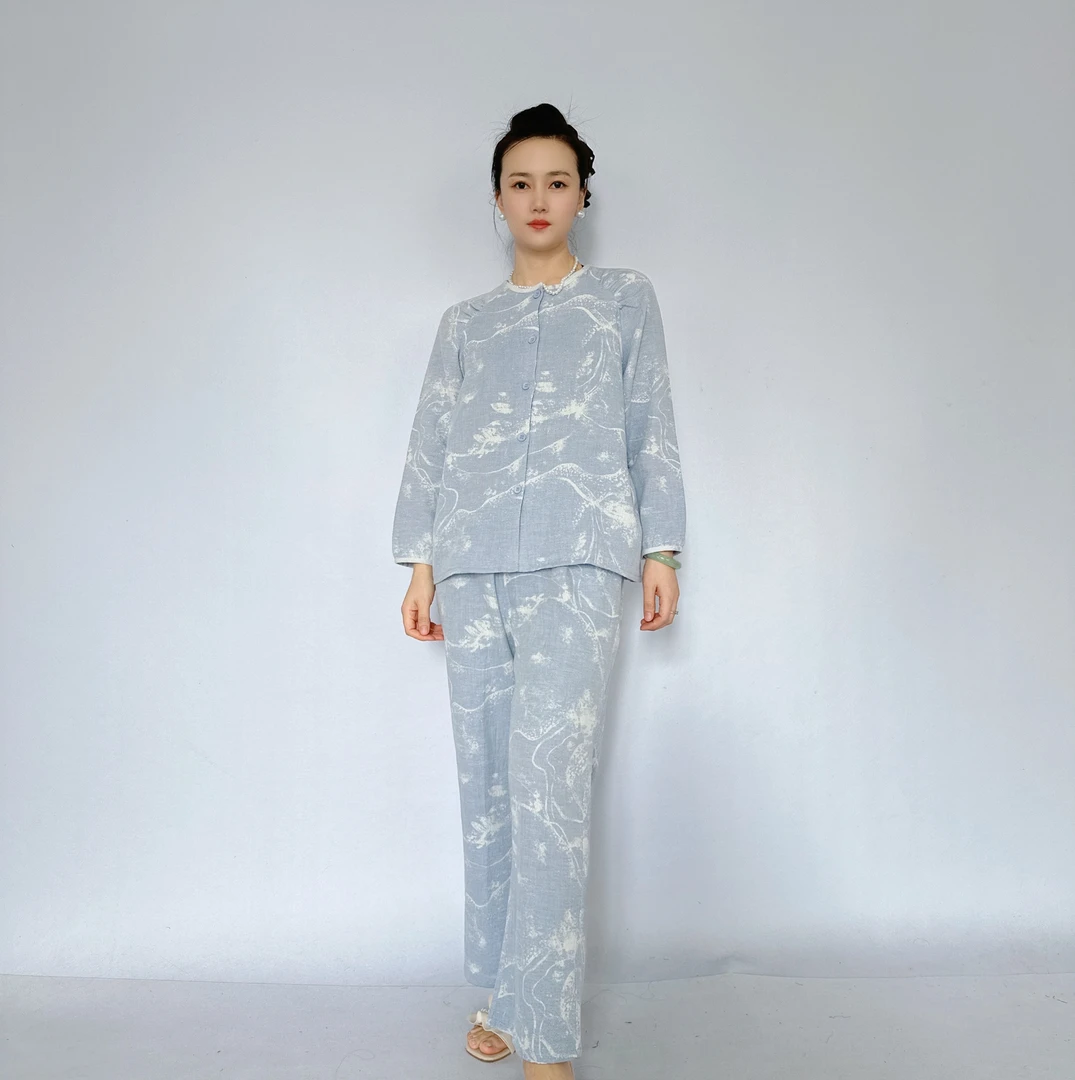 女士100%棉古风水墨设计师款大提花双层纱睡衣家居服套装11227