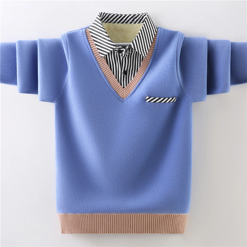 男童毛衣一体绒冬款儿童加绒加厚衬衫领假两件中大童男孩针织衫潮
