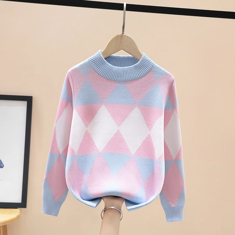 儿童针织衫圆领打底衫纯棉秋冬加绒加厚女孩全棉毛衣女童套头线衫