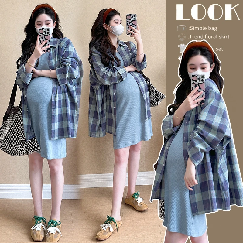 【慧慧家】孕妇装2024新款连衣裙格子防晒衬衣吊带裙套装裙子两件套