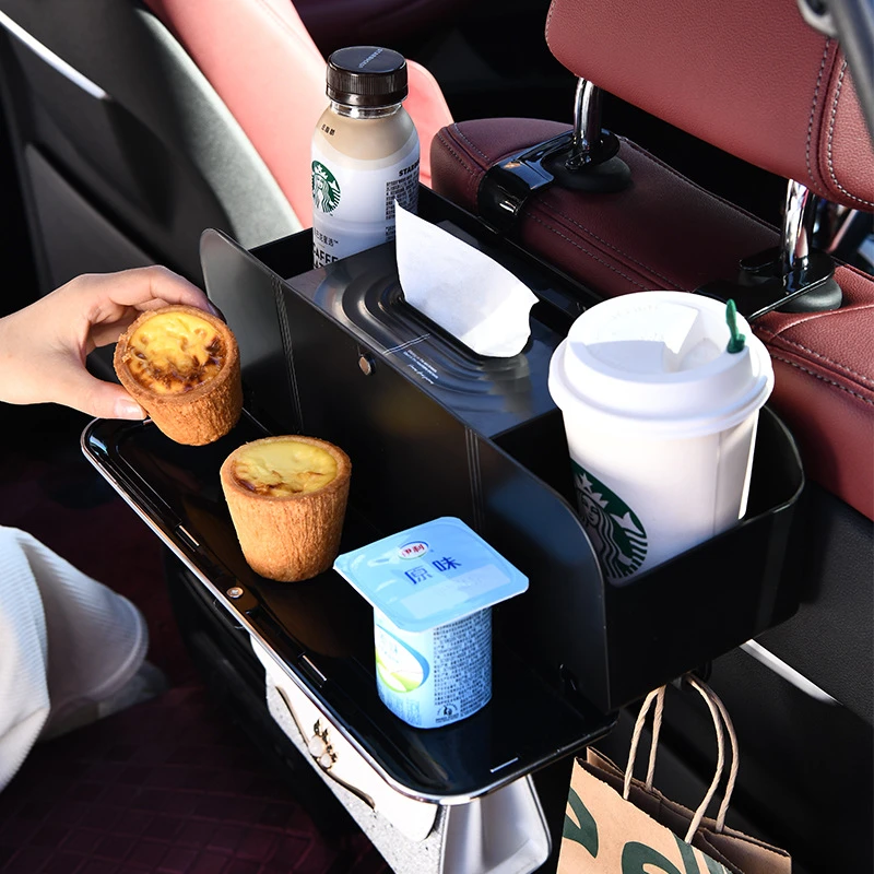 新款多功能车载纸巾盒汽车座椅后背挂钩带小桌板水杯架储物盒