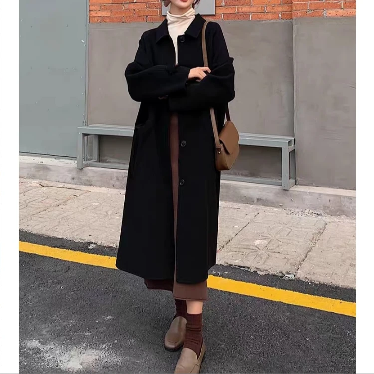 （兰粒绒）不起球宽松大衣 韩版气质显瘦百搭双面大衣外套