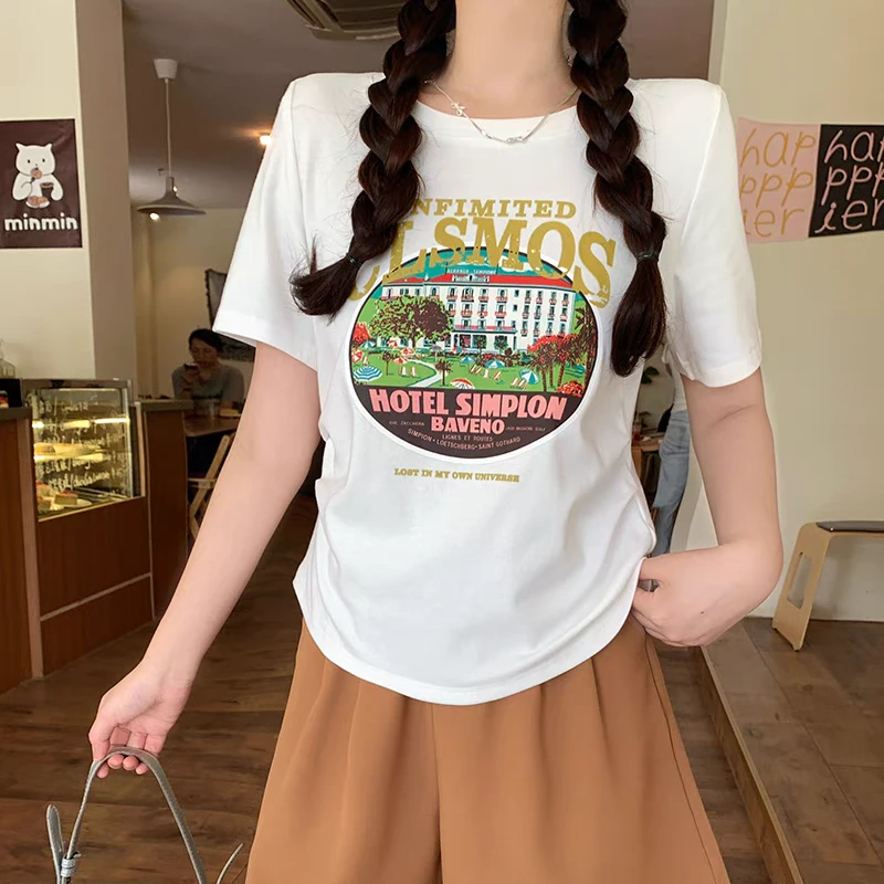 “椰香假日”圆弧摆打褶短袖T 夏季宽松印花显瘦ins时尚上衣