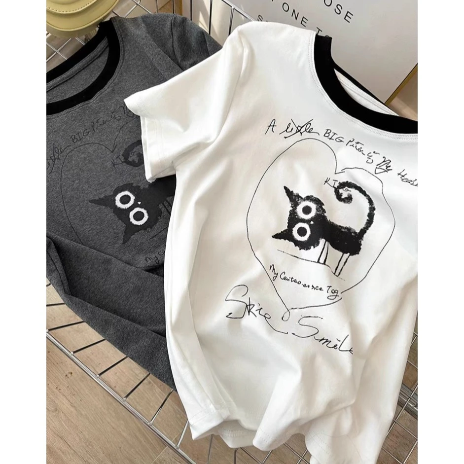 撞色领猫猫T 夏季宽松圆领休闲正肩t恤