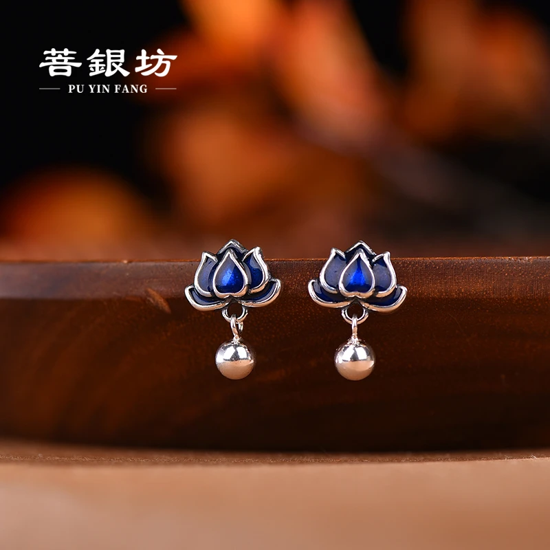 925银珐琅耳饰 【菩银坊】烧蓝莲花耳钉耳饰蓝色气质古风精致