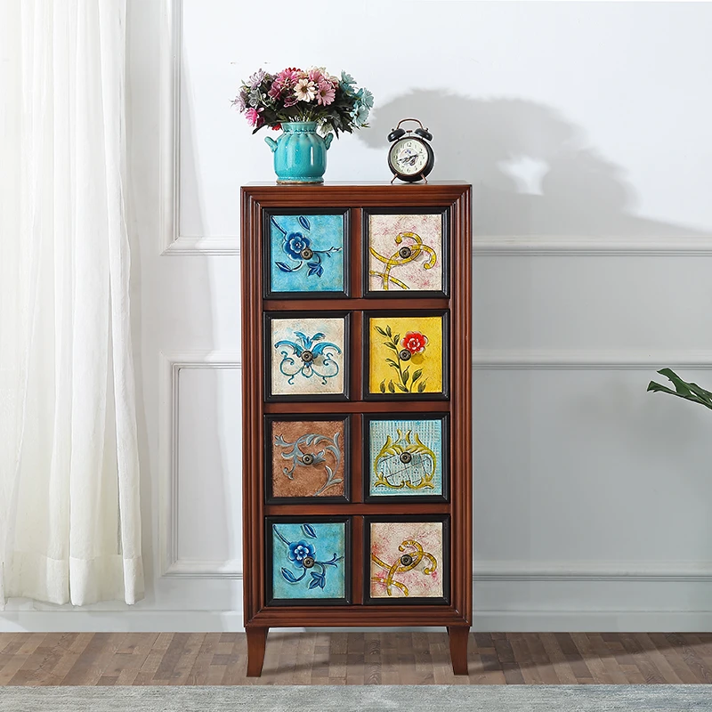 美式乡村家用四斗柜抽屉柜客厅做旧复古彩绘4160