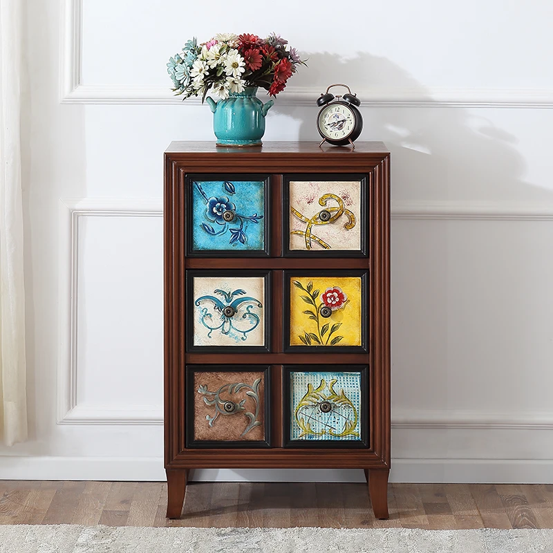 美式彩绘三斗柜客厅储物装饰柜餐边柜复古收纳柜4161