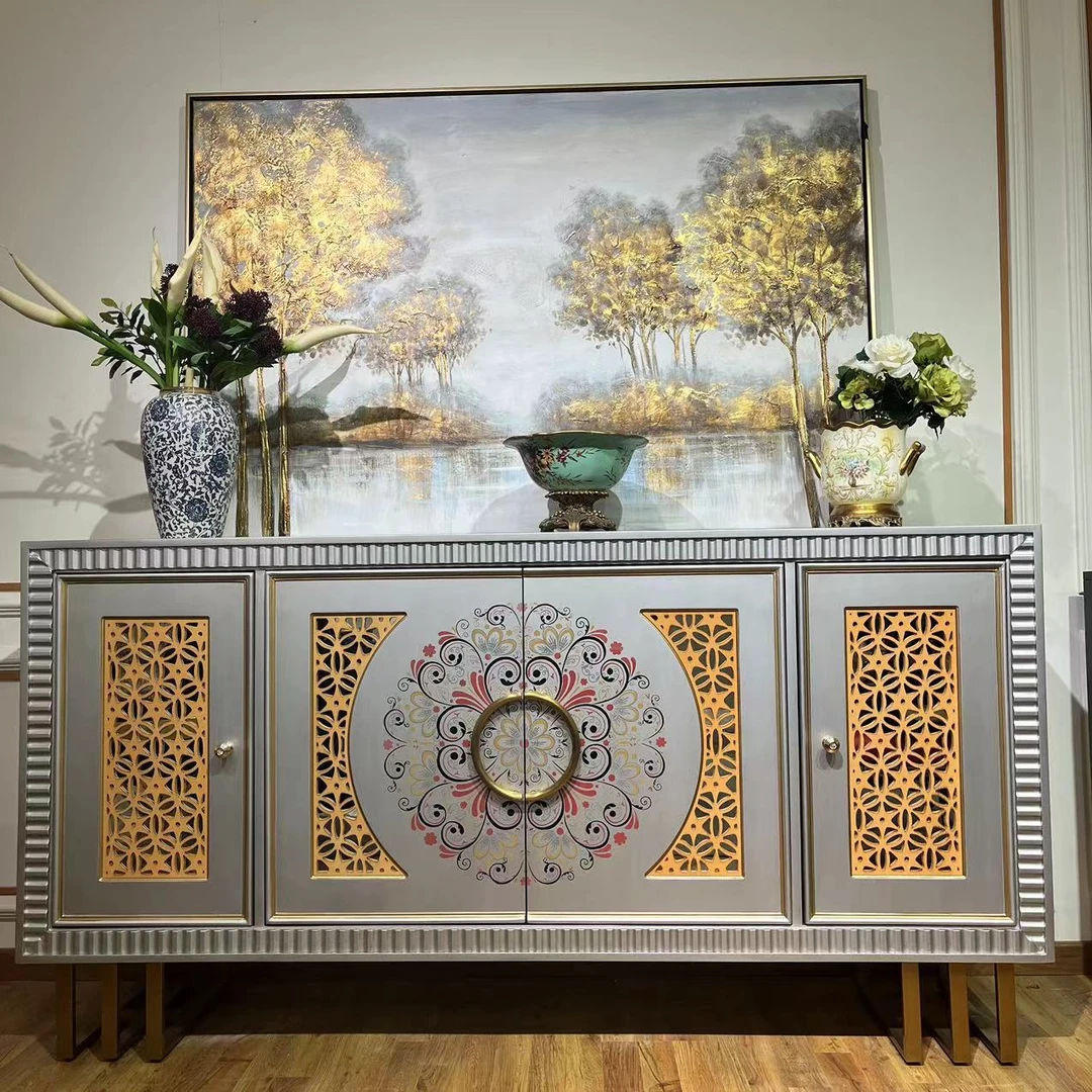 美式复古隔断别墅雕花玄关客厅餐厅家用餐边柜装饰柜