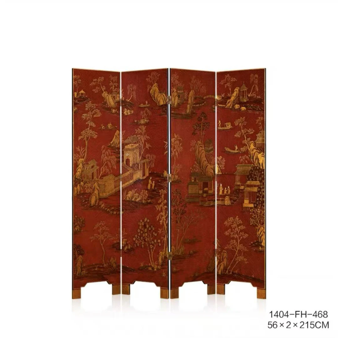 法式中国风红色奢华描金手绘四片雕花仿古装饰隔断屏风