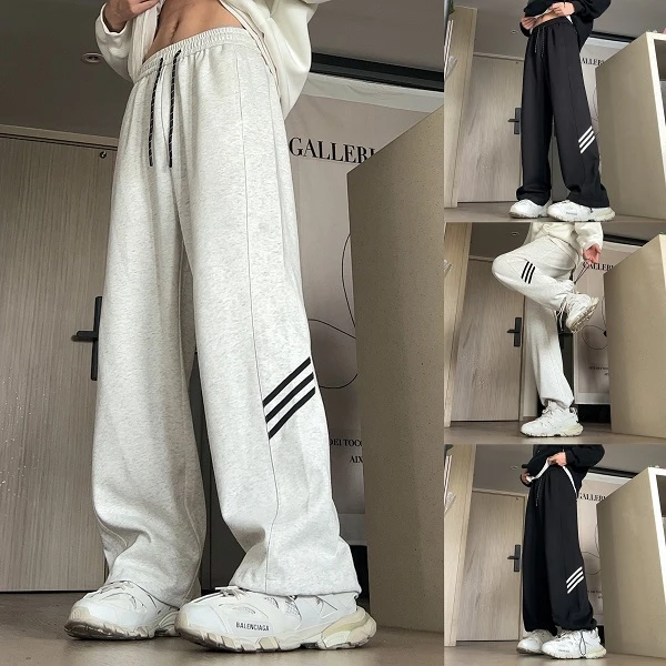071潮牌-早秋宽松百搭直筒灰色卫裤男抽绳束脚条纹情侣休闲运动裤