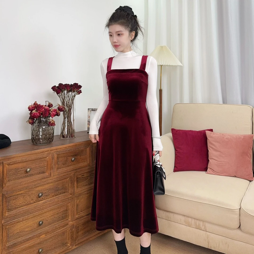 醋酸丝绒裙子内搭法式丝绒裙气质甜美丝绒背带长裙冬季女款【现货】