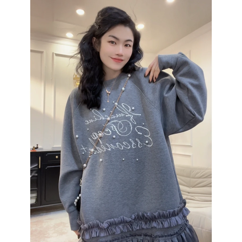 【米兰】衣长80公分欧洲站加厚新款法式重工钉珠小黑裙女卫衣裙LY