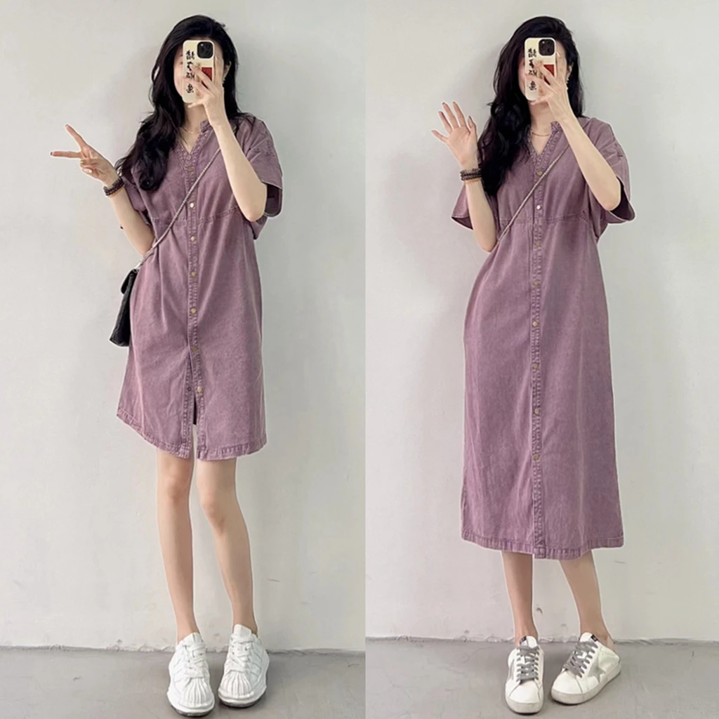 现货 蓝羽老板娘【浪漫街角】短款/长款 洗水软牛仔单排扣连衣裙