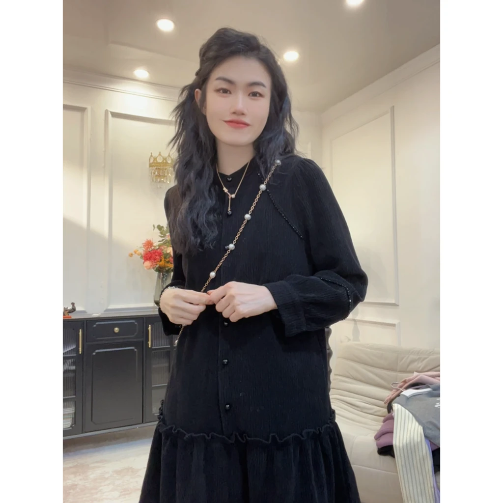 【黑曜石】定制面料肌理感竖条纹小众设计感黑色连衣裙显瘦大码LY