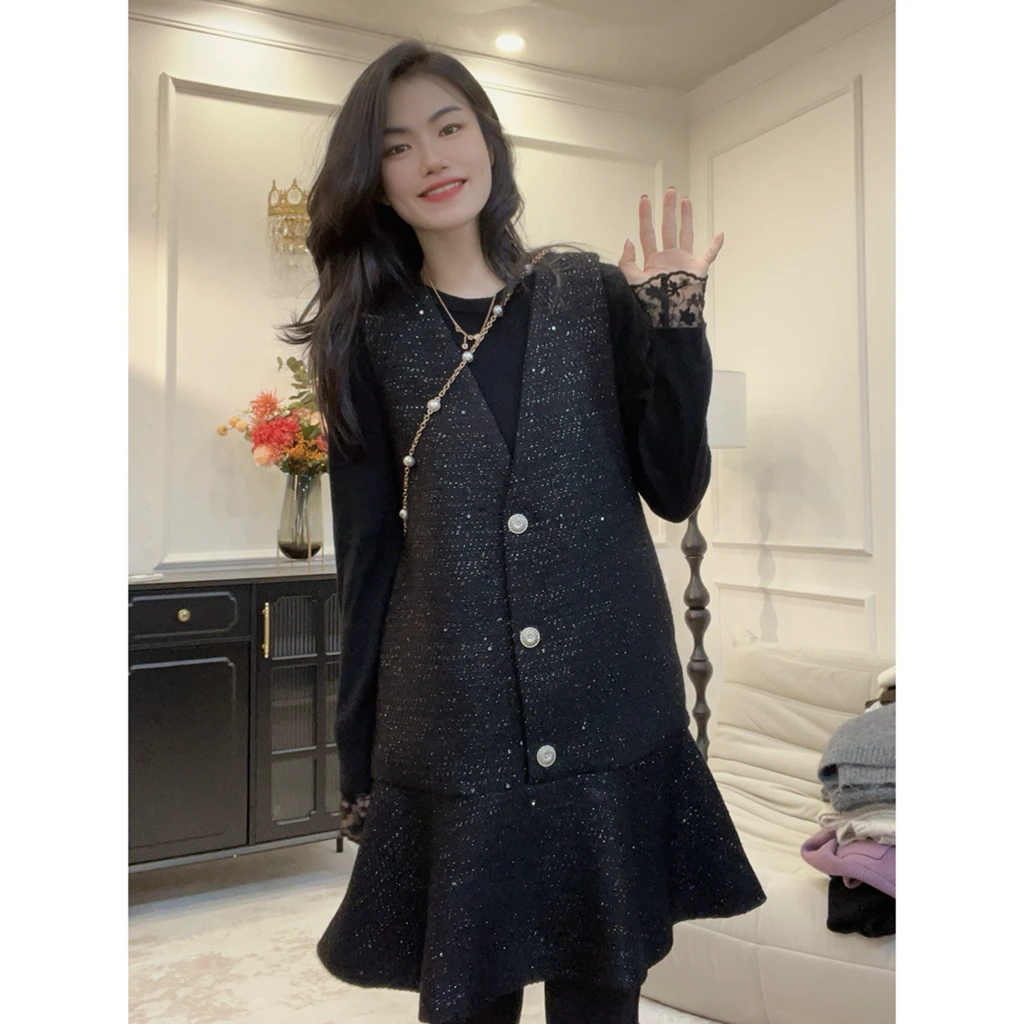 【群星】定制面料~秋冬新品气质百搭无袖连衣裙小香风马甲背心裙LY