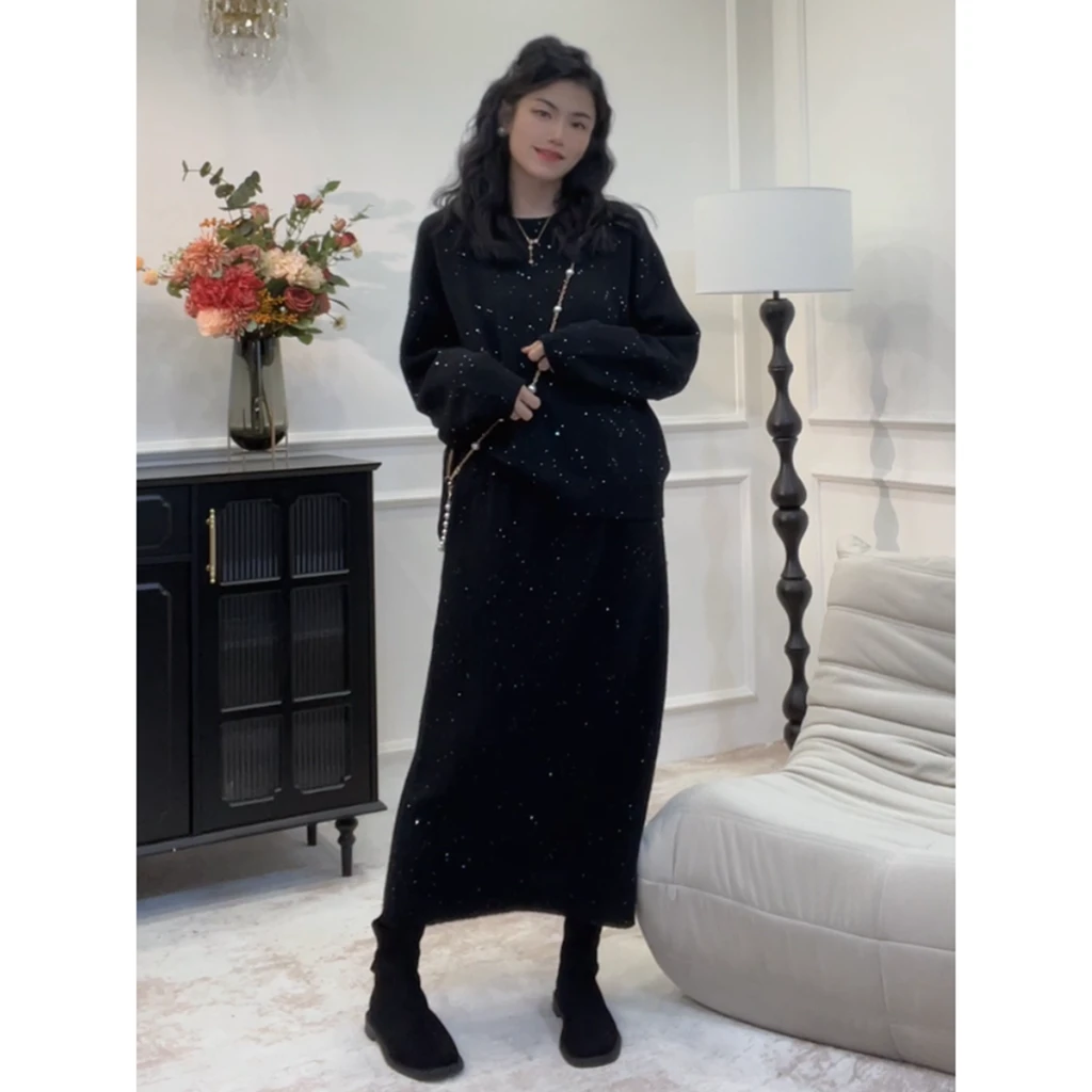 【银河星系】上衣+半身裙两件套~秋冬小香风气质针织设计师套装LY