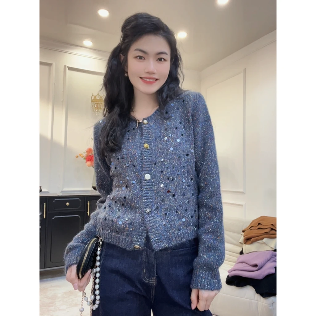 【夜幕流星】新款高定浅色重工亮片毛衣显瘦时尚百搭针织长袖开衫LY
