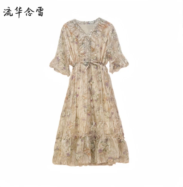 重工碎花气质女装连衣裙显瘦法式时尚裙子夏季奶咖色