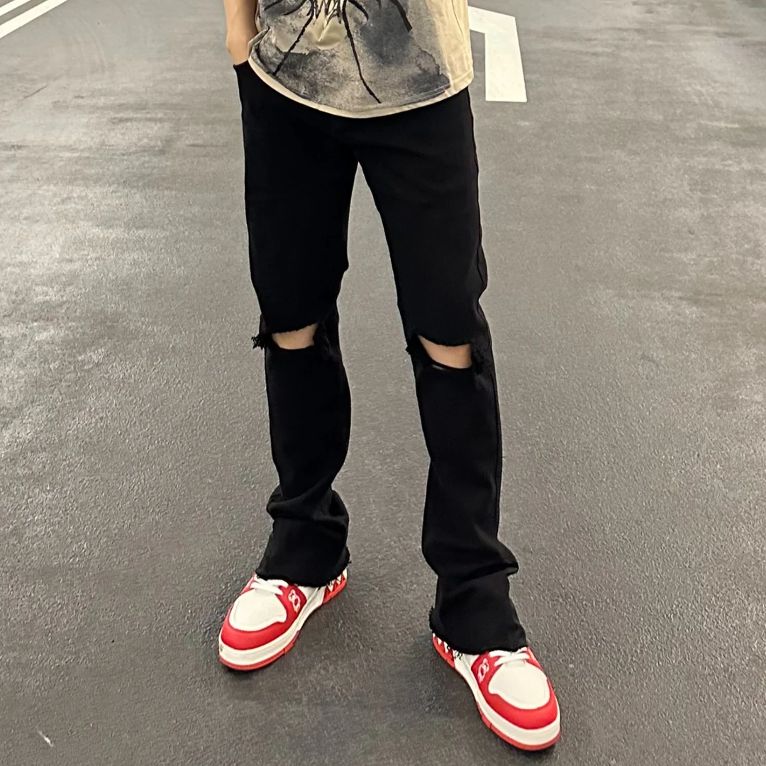 Davy 断码特价 欧美高街黑色破洞牛仔裤修身显瘦直筒长裤子