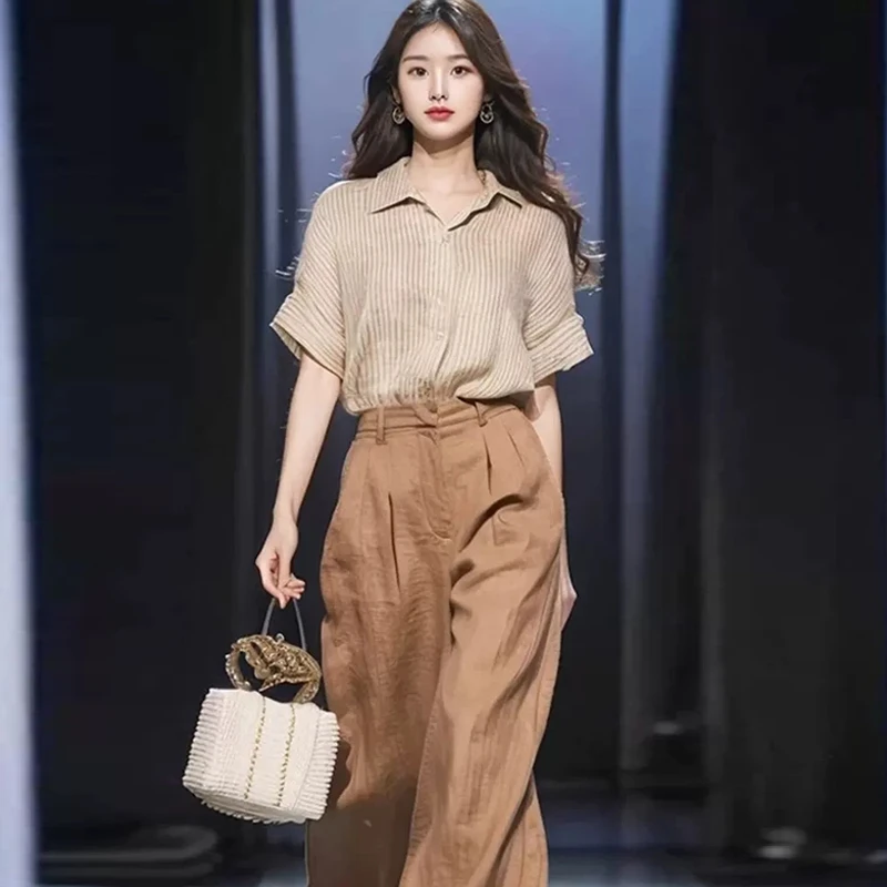 夏季新款洋气显瘦气质衬衣卡其色衬衫裤子时尚百搭套装减龄上衣女