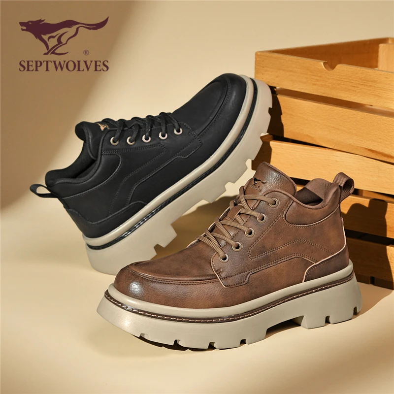 七匹狼2025新款秋季厚底增高防寒男鞋休闲高帮皮靴马丁靴0828男款