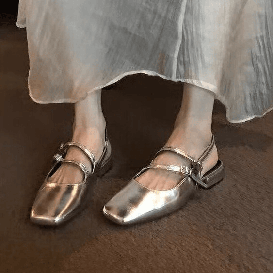Mogoo小众法式低跟银色玛丽珍鞋方头粗跟凉鞋仙女风晚晚后空单鞋