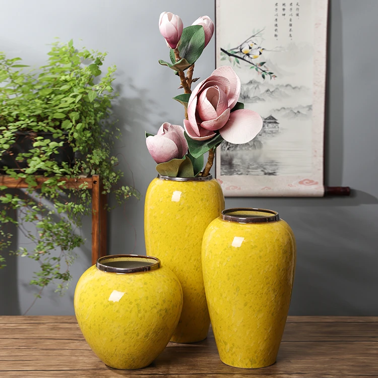 景德镇花瓶陶瓷三件套花瓶家居装饰品摆件油菜黄干花花器轻奢陶瓷