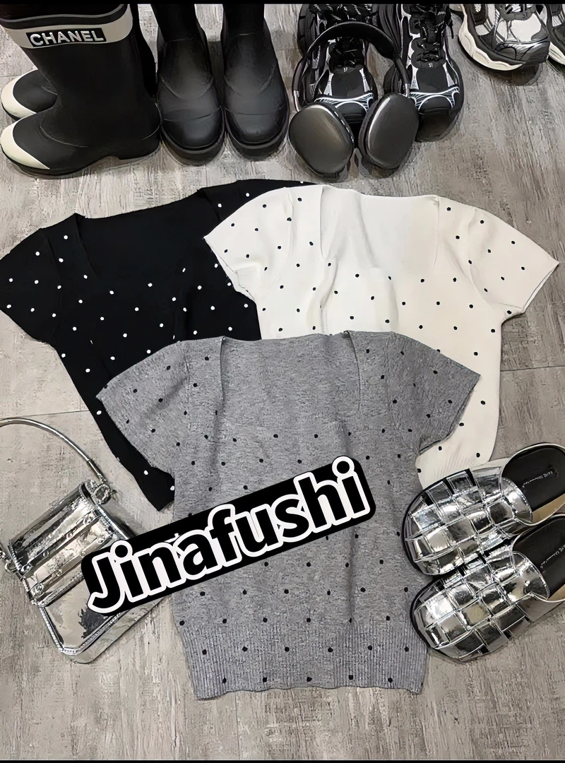 JI娜【小清新波点方领针织上衣】韩系甜美气质显瘦短款上衣