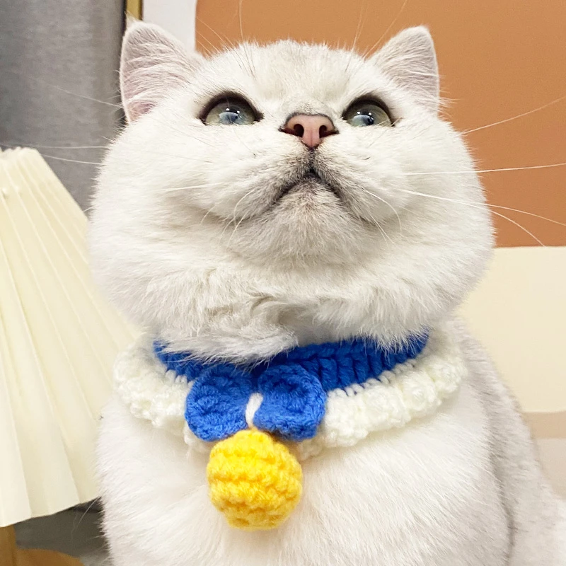 猫咪项圈针织无声铃铛可调节猫围脖布偶猫银渐层蓝猫美英短口水巾