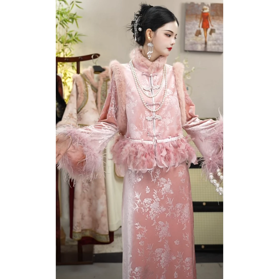 微岚熙2024秋季新款国风黑色大码复古轻奢显瘦套装（3987+1219）