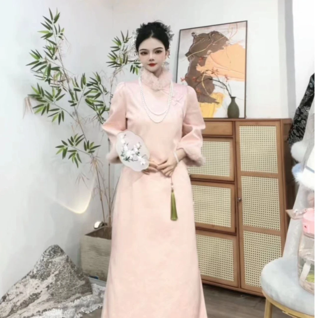 2023年秋冬季新款中式时尚兔毛质复古国风设计旗袍-M（9830）