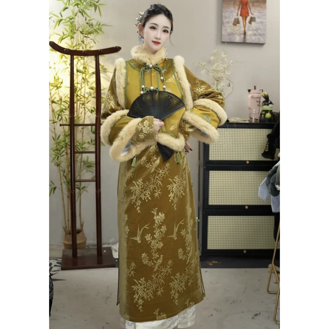 2024花享悦冬季显瘦时尚黄色复古气质加绒显瘦女装裙（1347+1348）