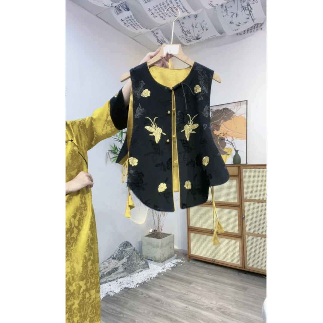 花享悦2025新款秋季国风裙子新中式民族风复古金色刺绣WW（9707）