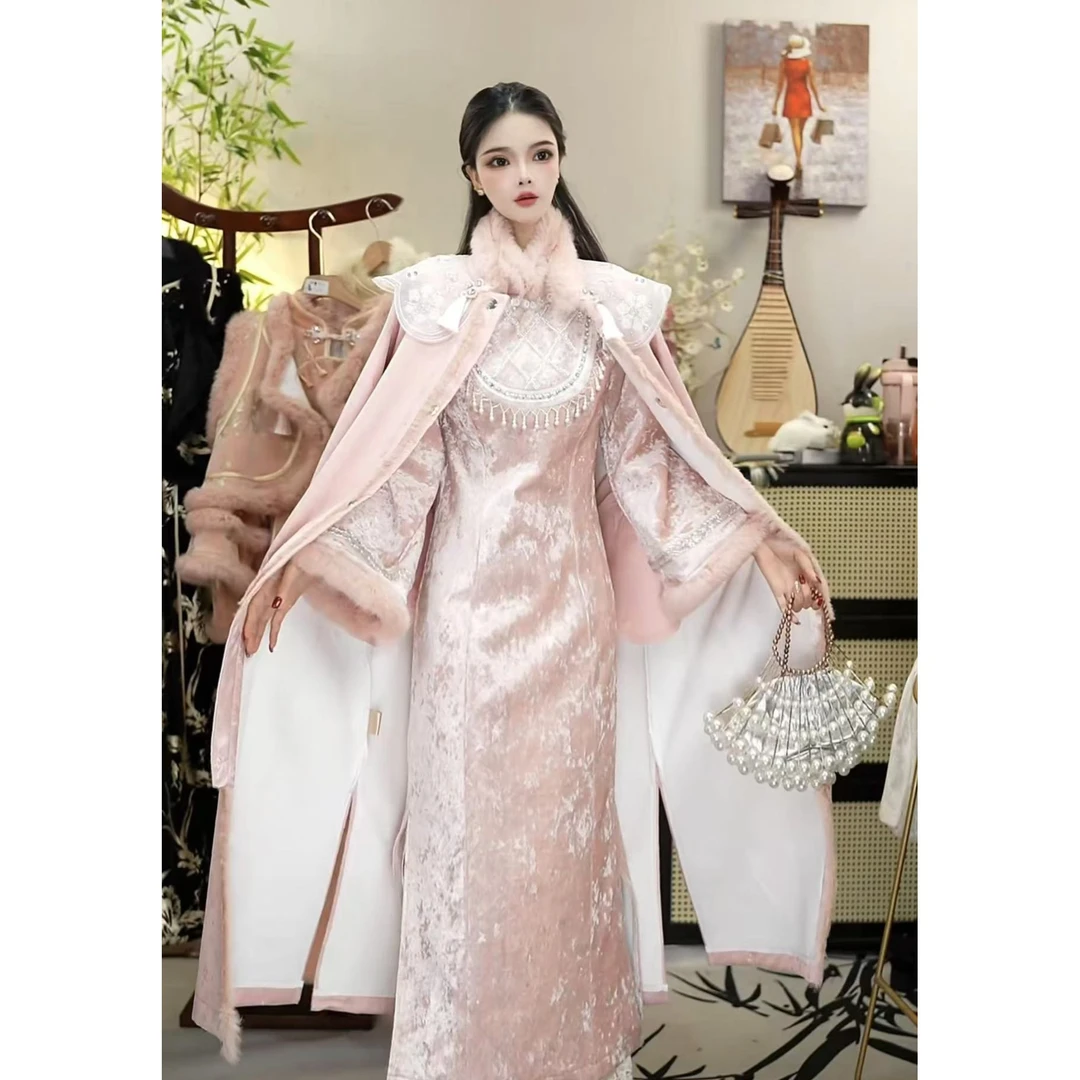 花享悦2024冬季新款加绒中式长款复古月白女装裙（6523+6524）