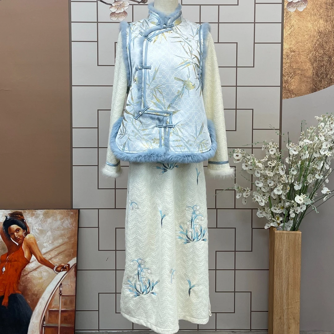 花享悦2024秋冬复古中国风加厚蓝色提花马甲连衣裙套装（9786+9781