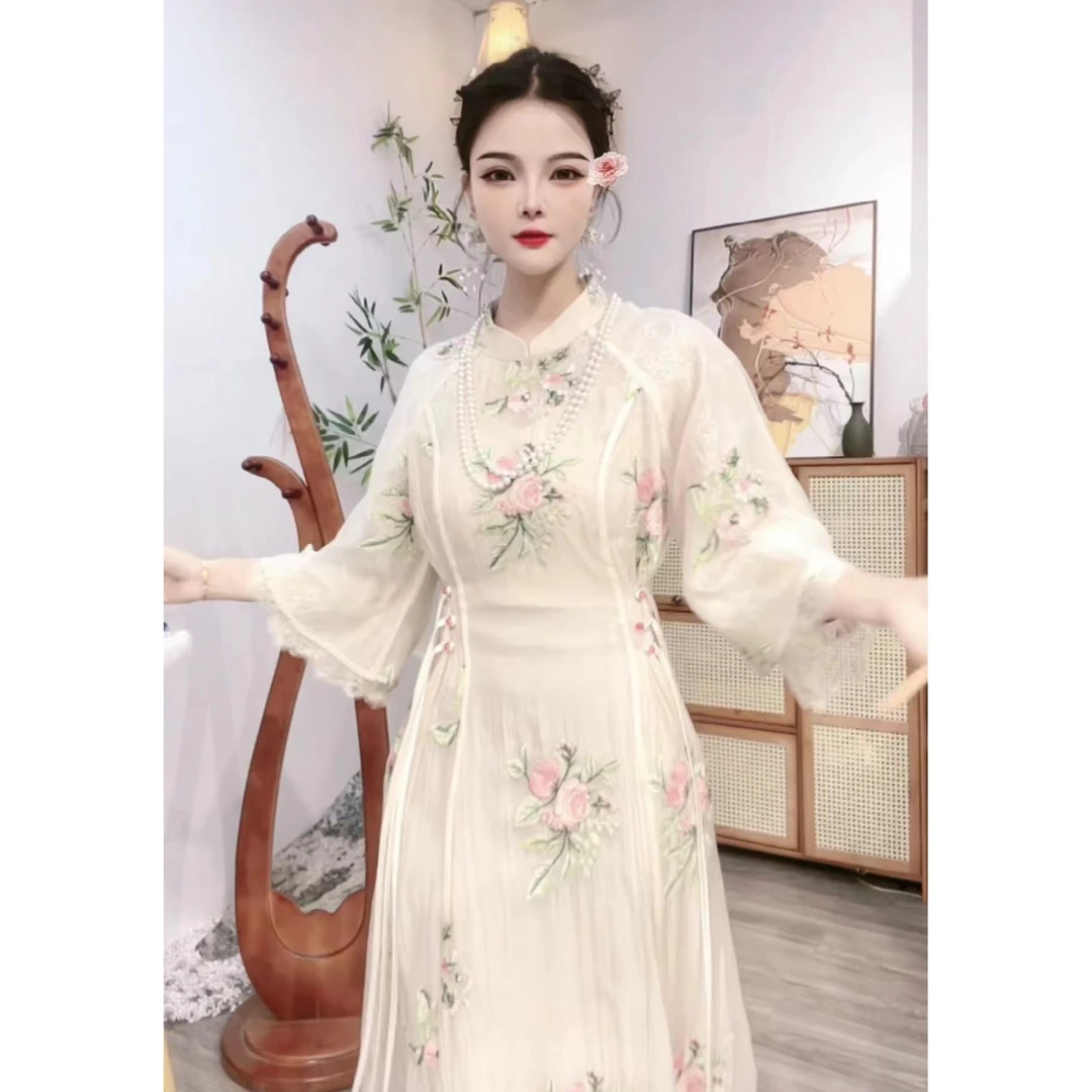 花享悦2024新款春夏提花圆领连衣裙气质网红时尚夏季复古（3412）