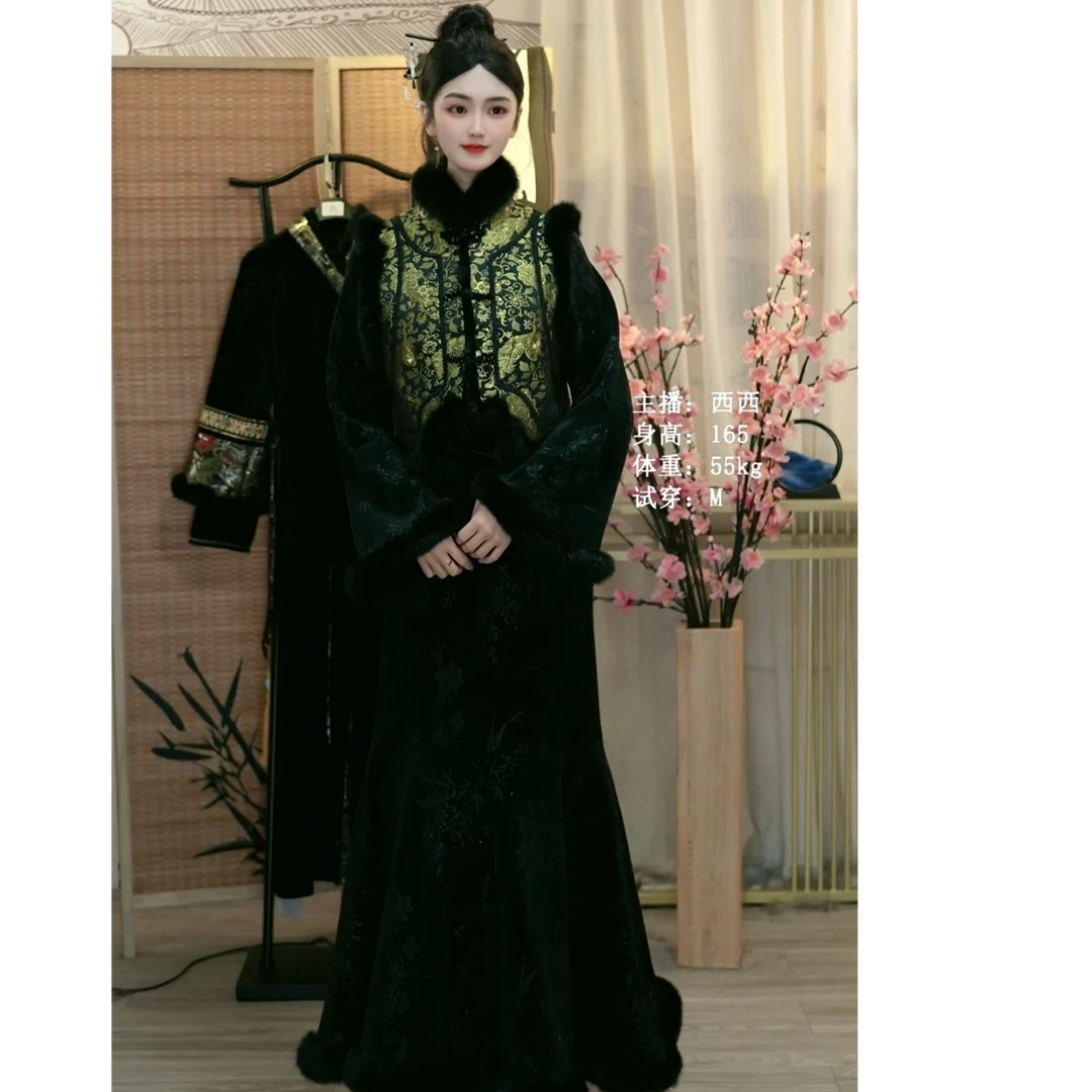 羽唐名2024冬季新款加绒中式长款中国风复古女装裙（2373+2374）