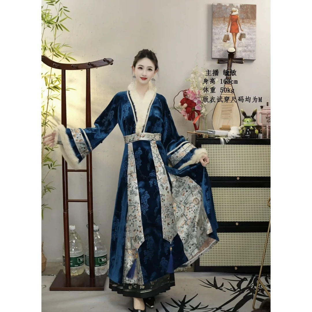 花享悦国风2024冬季雀蓝色复古加绒保暖中式中长款女装裙（1328）
