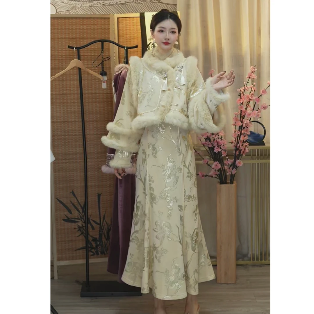 羽唐名2024秋冬新款粉色加绒新中式复古显瘦套装（2393+2395）