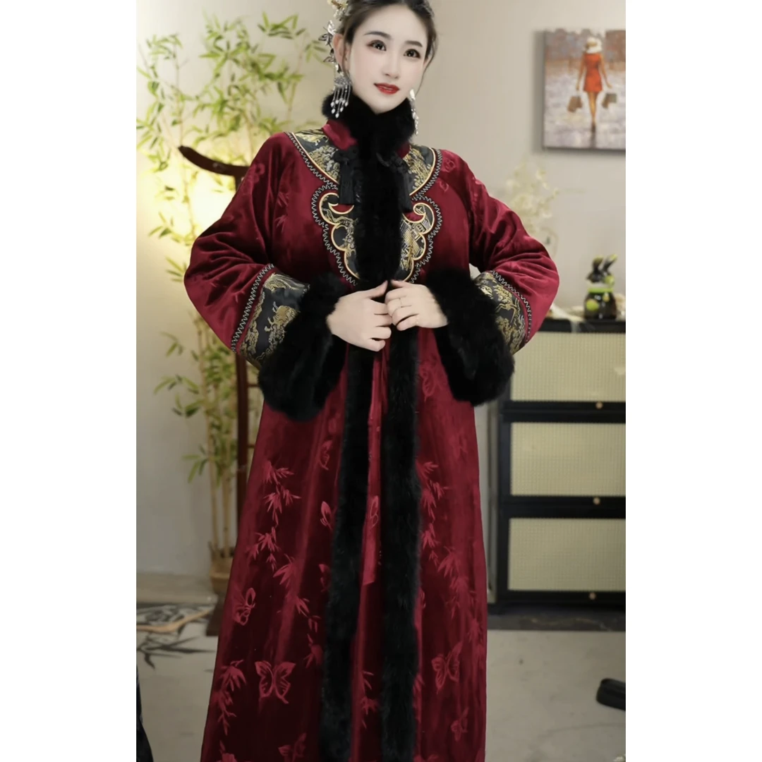 羽唐名2024女装秋冬季古风新款国潮风黑色毛领外套(2386)