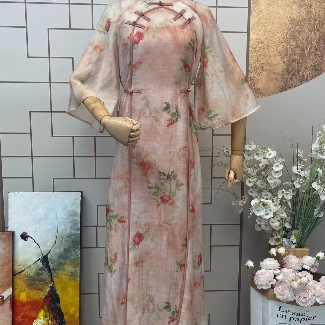 花享悦2024春夏季新中式江南烟雨裙子国风复古显瘦连衣裙（9230）