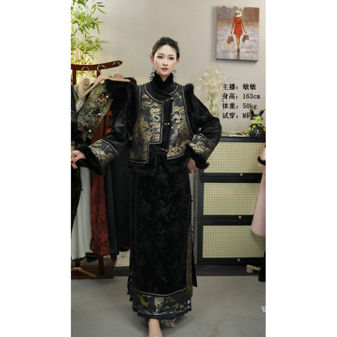 羽唐名2024冬季显瘦时尚黑色复古气质加绒女装裙（2302+2420）