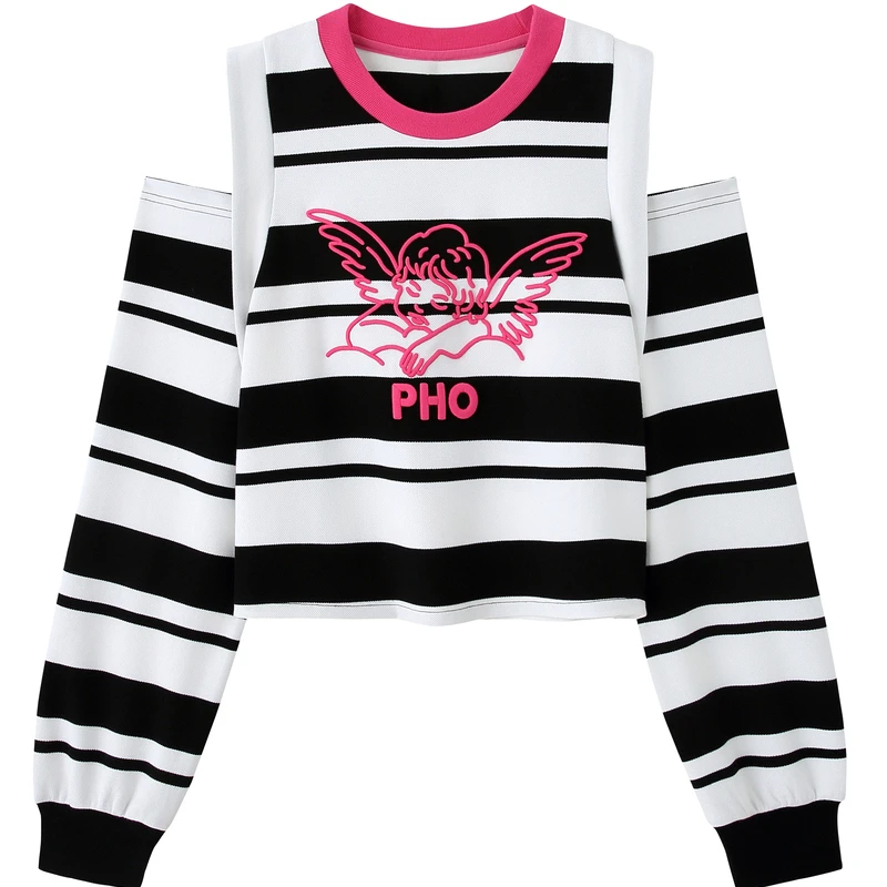 PHORM2024秋季新款小天使可爱印花时尚露肩条纹卫衣E46322336