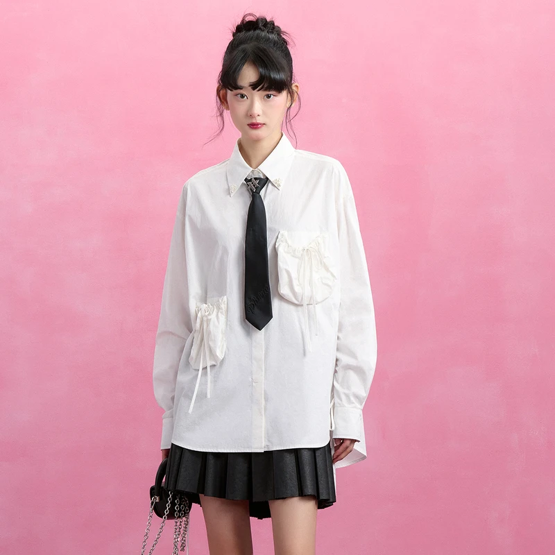 PHORM2024冬装新款宽松时尚口袋设计粉色基础搭配衬衫C00111356