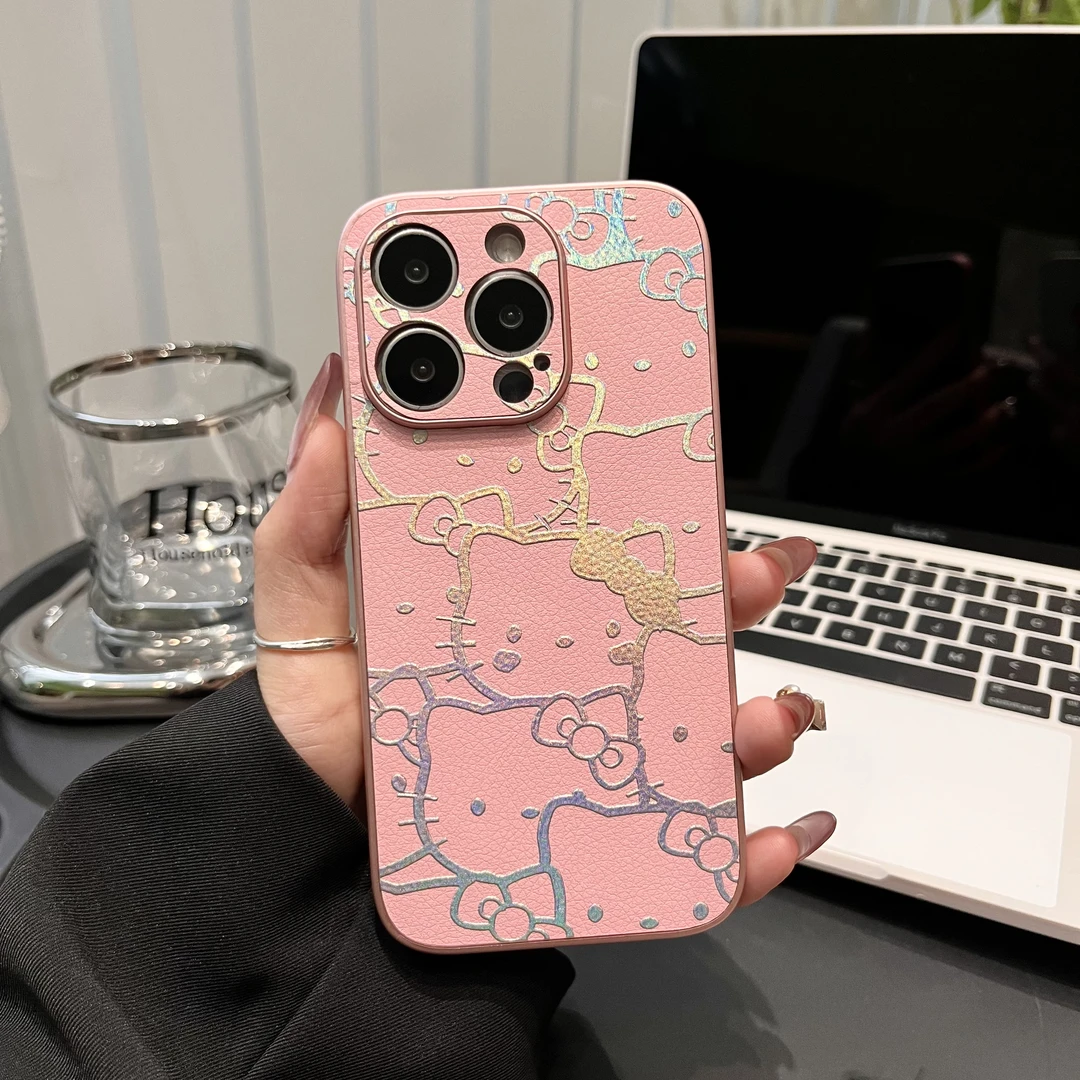 kt猫皮纹适用于苹果15华为镭射描边时尚小米金属漆小羊皮铂金系